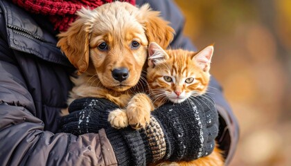 Puppy and kitten autumn cuddle.
