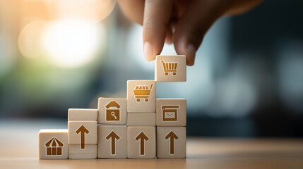 Franchise business growth and expansion concept. Hand stacking wooden blocks with store and arrow icons, franchise business growth, expansion, success entrepreneurship, market development, online shop