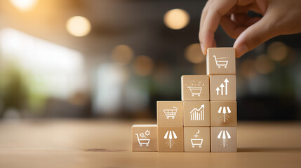 Franchise business growth and expansion concept. Hand stacking wooden blocks with store and arrow icons, franchise business growth, expansion, success entrepreneurship, market development, online shop