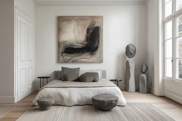 Minimalist bedroom with large abstract painting