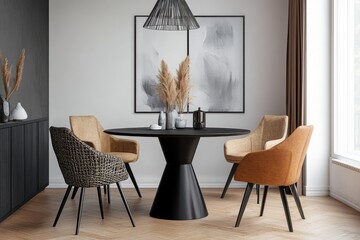 Modern dining room scene, featuring a round black table with upholstered chairs in beige and orange tones.  A neutral color palette and natural elements are highlighted