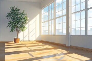 Sunny room with plant and large windows
