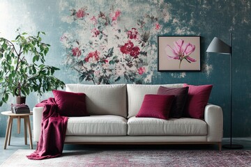 Cream sofa, burgundy accents, floral wall