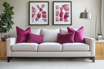Modern living room featuring a cream sofa with magenta pillows and abstract art