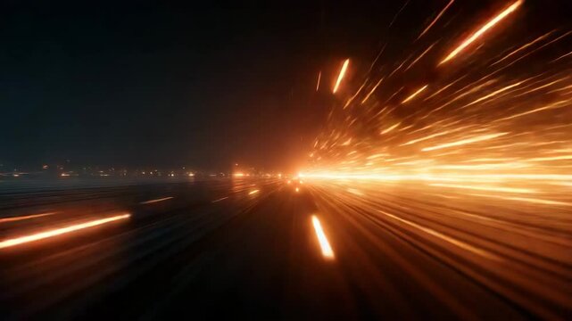 Hyper speed light burst in warm orange tones, futuristic travel concept, sci-fi background, motion blur