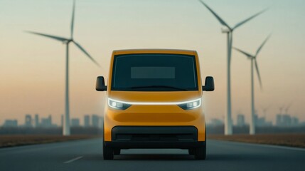 Fototapeta premium Electric delivery van urban landscape vehicle showcase wind turbines front view sustainable transport solution
