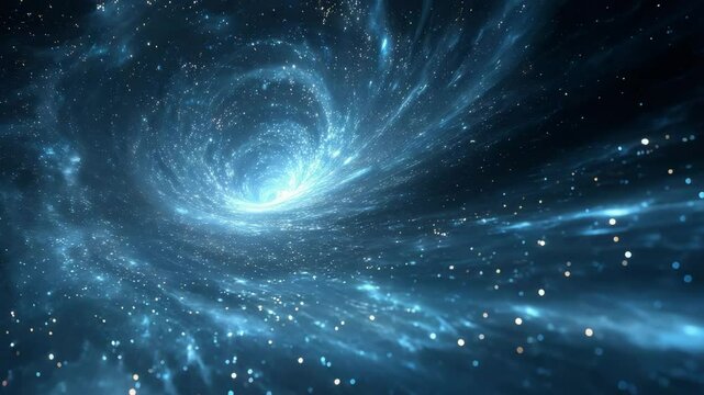 Interstellar blue light tunnel with glowing particles, deep space concept art