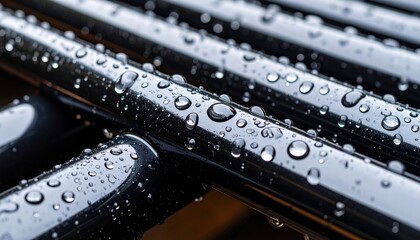 Rain drops on black metal bars.