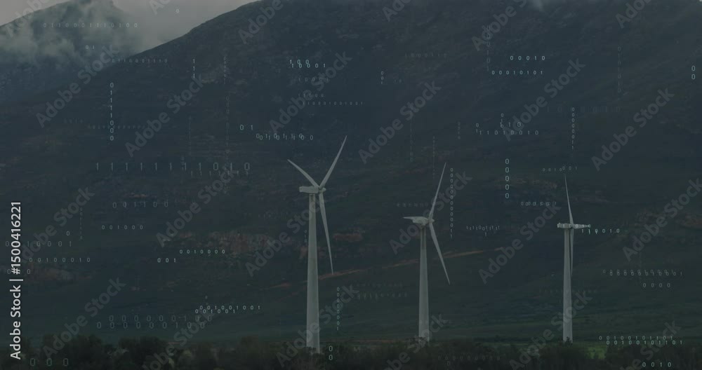 Poster on overlay signal, three wind turbines rotating steadily under floating binary code for monitoring