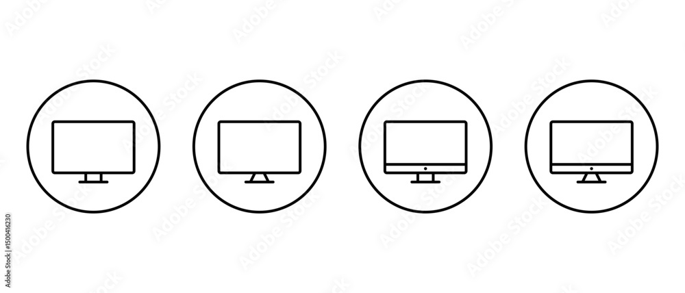 Poster computer monitor outline icon set on circle line. desktop screen sign symbol