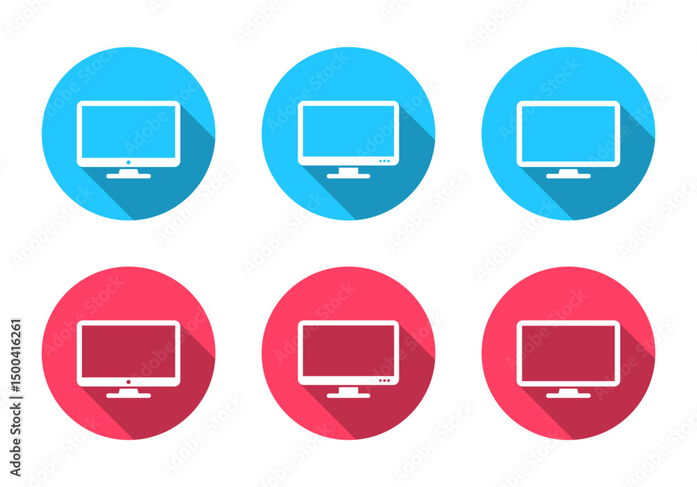 Poster computer monitor, desktop screen icon set with long shadow. pc display sign symbol