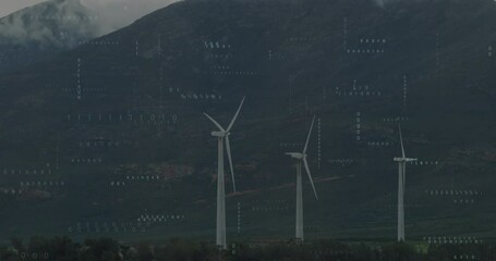 On overlay signal, three wind turbines rotating steadily under floating binary code for monitoring - Powered by Adobe
