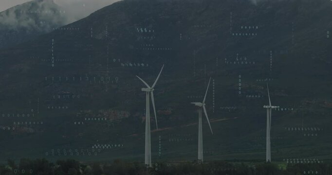 On overlay signal, three wind turbines rotating steadily under floating binary code for monitoring - Powered by Adobe