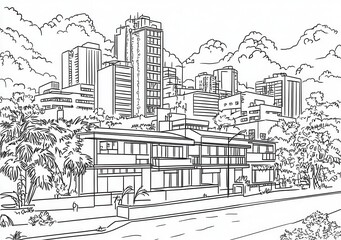 Naklejka premium Skyline urbana in bianco e nero, stile schizzo
