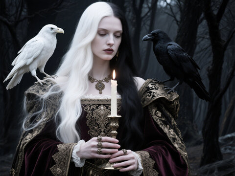 A woman in a luxurious medieval dress, holds a candle in a gothic candlestick, long hair parted in half, one side of the hair is white, the other side of the hair is black, on one shoulder of the woma