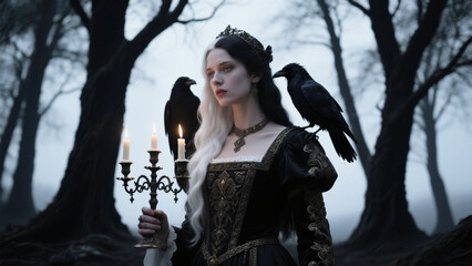 Fototapeta premium A woman in a luxurious medieval dress, holds a candle in a gothic candlestick, long hair parted in half, one side of the hair is white, the other side of the hair is black, on one shoulder of the woma