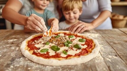 Making family pizza together home kitchen cooking activity cozy environment close-up view fun culinary experience