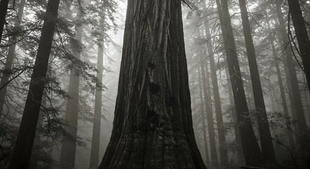 Naklejka premium Majestic Redwood Tree in Misty Forest A Black and White Photograph of Nature's Grandeur