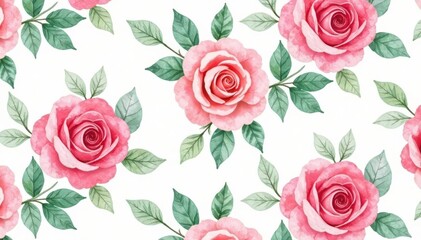 Delicate watercolor roses, swirling leaves, seamless repeat, nature, fabric, romantic