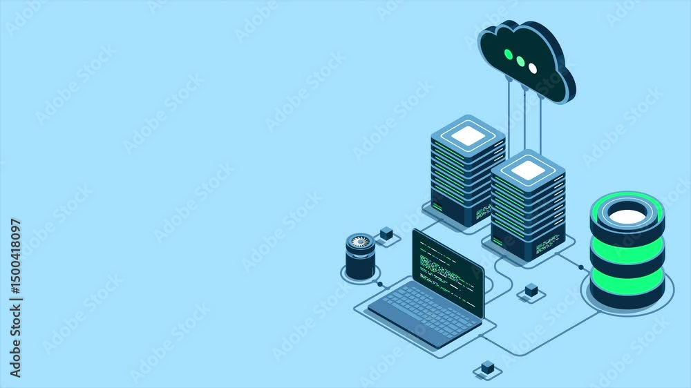 Poster Cloud technology computing animation. Modern cloud technology. Data center isometric concept. Isometric cloud technology with datacenter. Web hosting concept. 4K video animated in isometric style