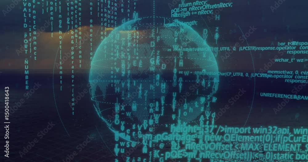 Poster hovering digital globe above sunset sea starting code sliding, rotating, sending data