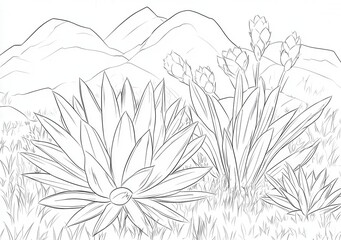 Agavi e fiori di montagna, schizzo a matita