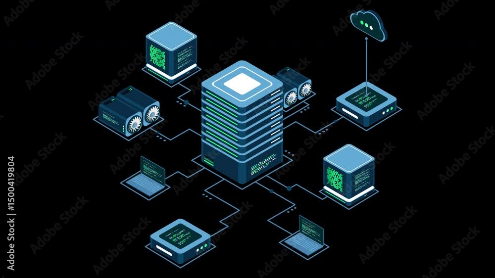 Poster Isometric computer technology animation. Computation of big data center. Cloud computing. Online devices upload and download information. Transparent background with alpha channel