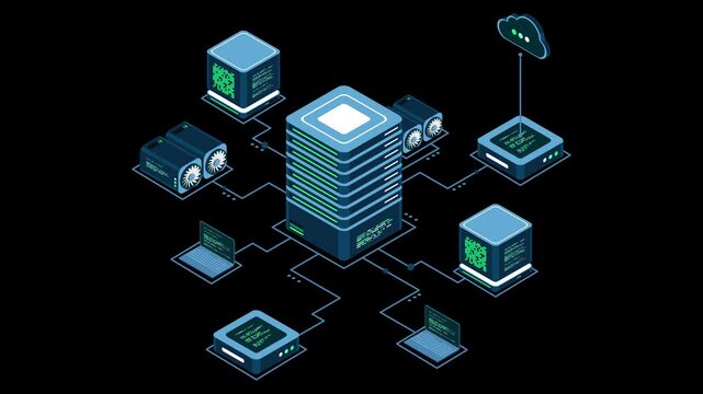 Isometric computer technology animation. Computation of big data center. Cloud computing. Online devices upload and download information. Transparent background with alpha channel
