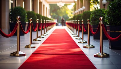 Red carpet entrance with luxury hotel.