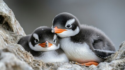 Fototapeta premium Two Adorable Gentoo Penguin Chicks Huddled Together in Nest