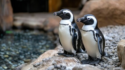 Fototapeta premium Two African Penguins Standing on Rocks Near Water