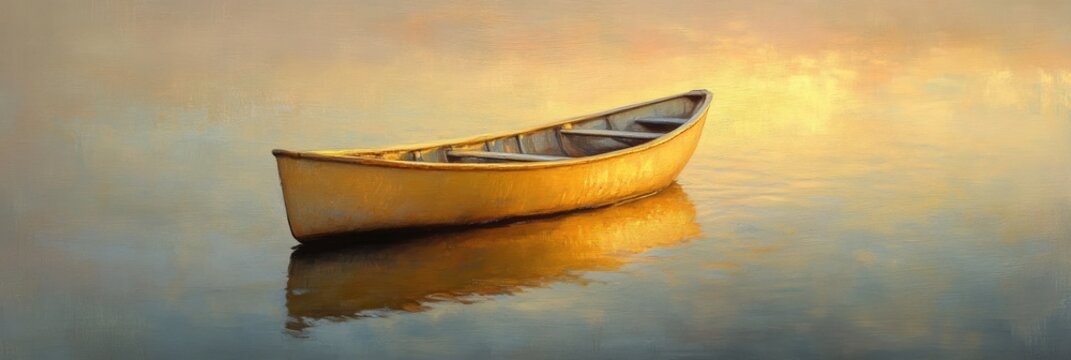 Golden canoe on a tranquil lake at sunrise - Powered by Adobe