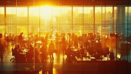 Busy office space at sunset, people working