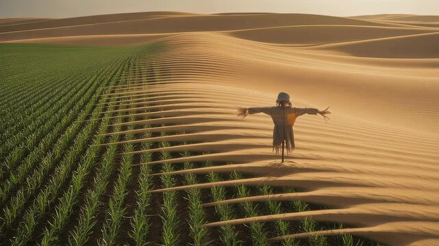 Cultivated farmland gradually transforming into barren desert dunes, lone scarecrow standing vigilant, protecting vulnerable green plants against encroaching arid landscape