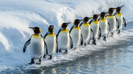 Obraz premium King Penguins March in Single File Through Melting Snow and Water