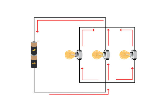 Series and parallel electrical circuits. Parallel circuit, Series circuit, basic electric circuits experiment vector. Kirchhoff voltage law. series and parallel circuits with Batter and light bulb