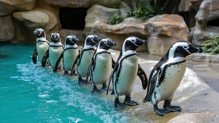 Fototapeta premium Adorable Penguins in a Row Walking Towards the Camera in a Pool