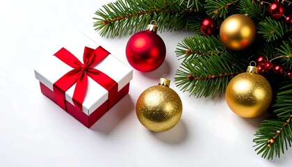 Christmas gift with ornaments, and fir branch.