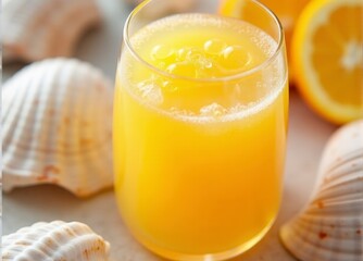 A glass of orange juice next to some shells.