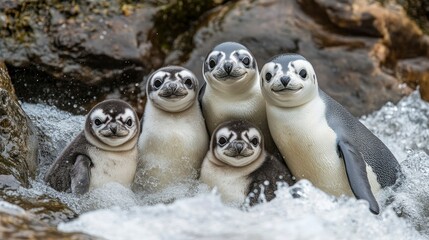 Adorable Humboldt Penguin Chicks Playing in a Rocky Stream