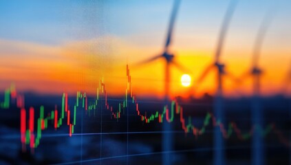 Financial market chart overlaid on a sunset landscape with wind turbines
