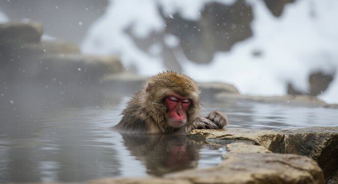 Photo Of A Japanese Macaque Relaxing In A Hot Spring Bath Surrounded By Snow