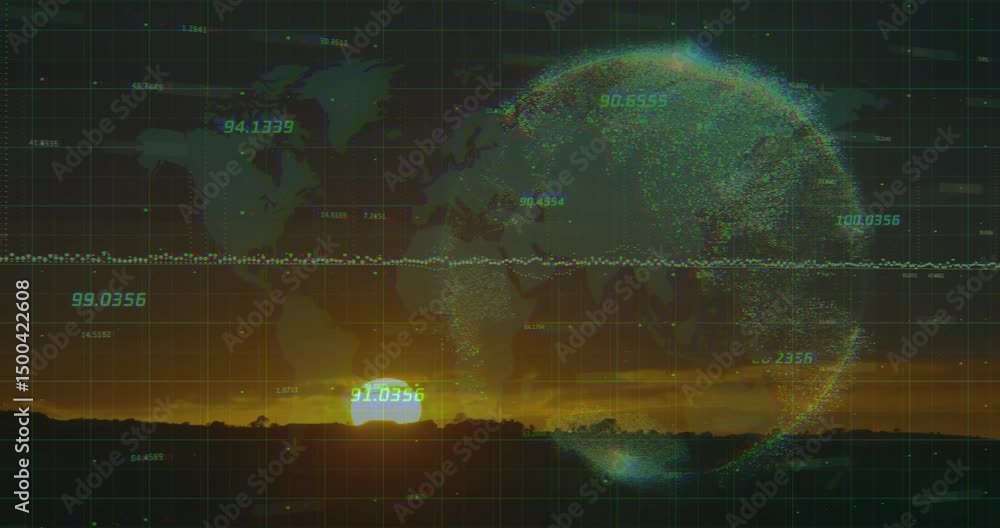 Poster sunset sinking causing grid glowing labels appearing while globe rotating visualizing global data