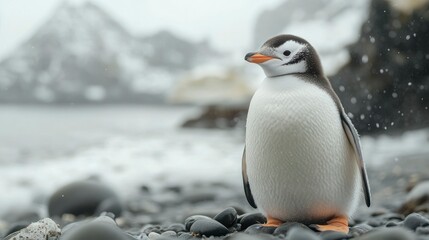 Adorable Gentoo Penguin Chick on Antarctic Coastline in Snow