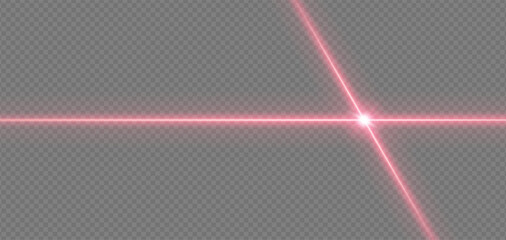 Red laser beams on dark background. Futuristic neon light effects with glow, flare and streak. Abstract vector for sci fi, concert, scanner or technology themes. Isolated PNG overlay.