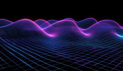 Abstract digital landscape with glowing, wavy lines and grid