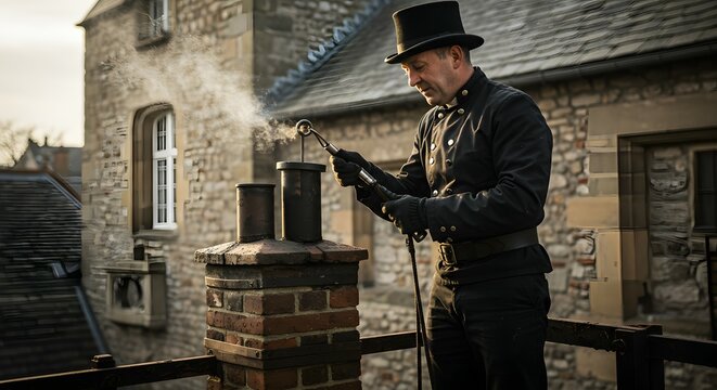 Chimney sweep working on a rooftop with tools to clean soot from a stone chimney for residential maintenance and building care.