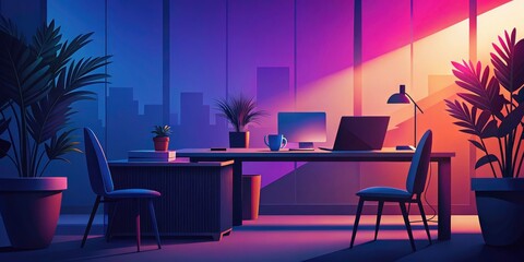 Silhouette Modern Office Workspace: Laptops, Plants, Mugs -  Website Banner Design