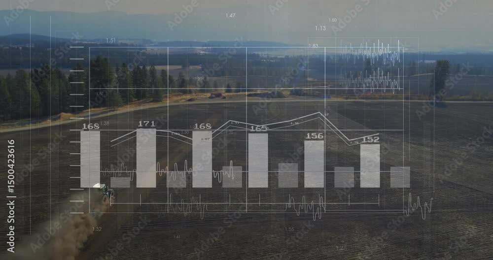 Poster white tractor plowing along field-edge dust trail as charts fading in updating graphs showing yield