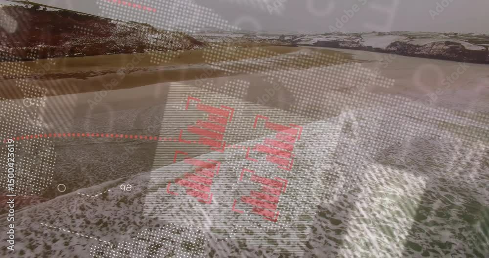 Aufkleber drone flying shore initiating overlay fading dot maps, pulsing red clusters visualizing data